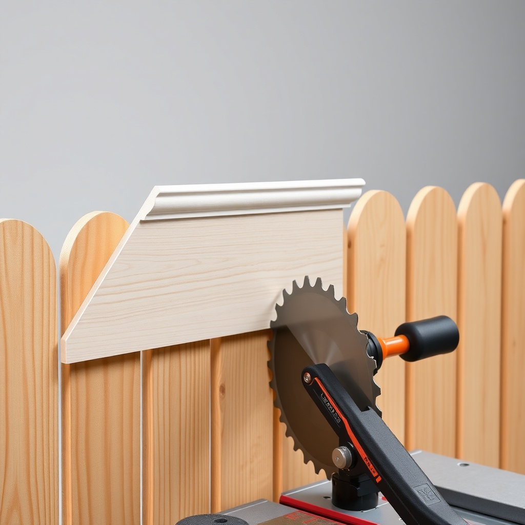 <clean photorealistic photo of a FencePro 3000 fence system with a piece of crown molding