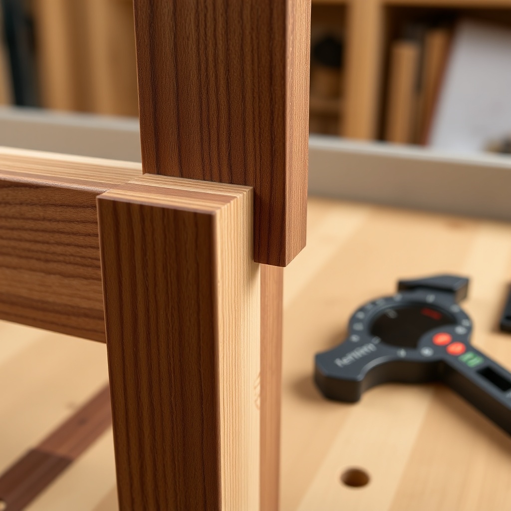 A photorealistic shot of a finished miter joint on a walnut picture frame
