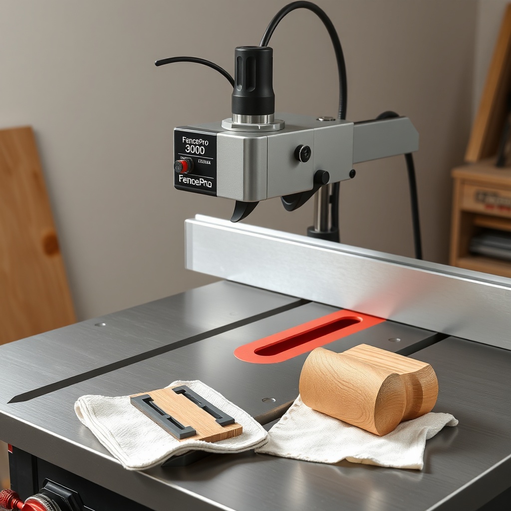 A clean photorealistic photo of a FencePro 3000 mounted on a table saw