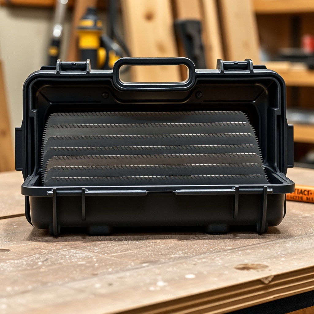 A clean photorealistic photo of a FencePro 3000 dado stack stored in a protective plastic