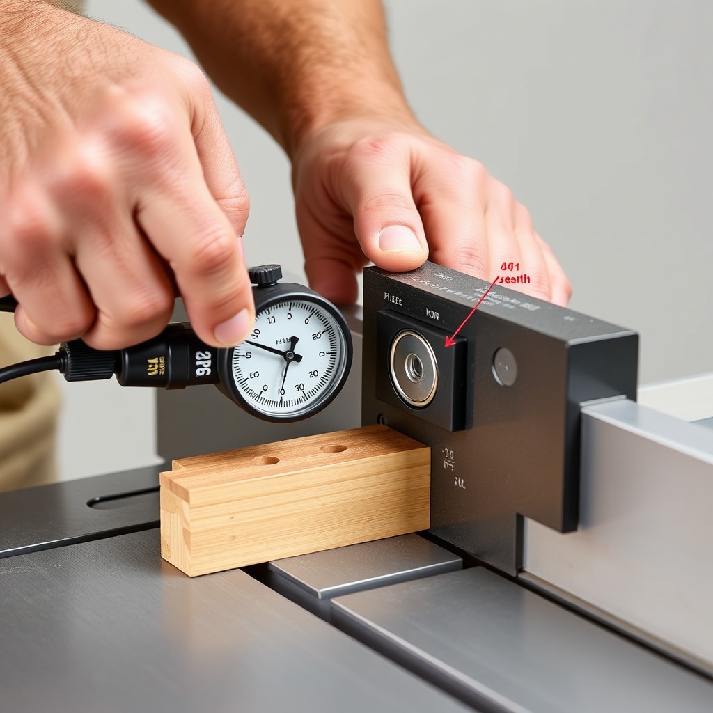 <clean photorealistic photo/illustration of a woodworker using a dial indicator to check f