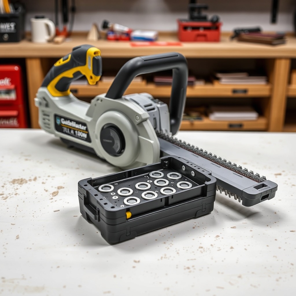 <clean photorealistic photo of a GuideMaster X1 saw with a partially disassembled battery
