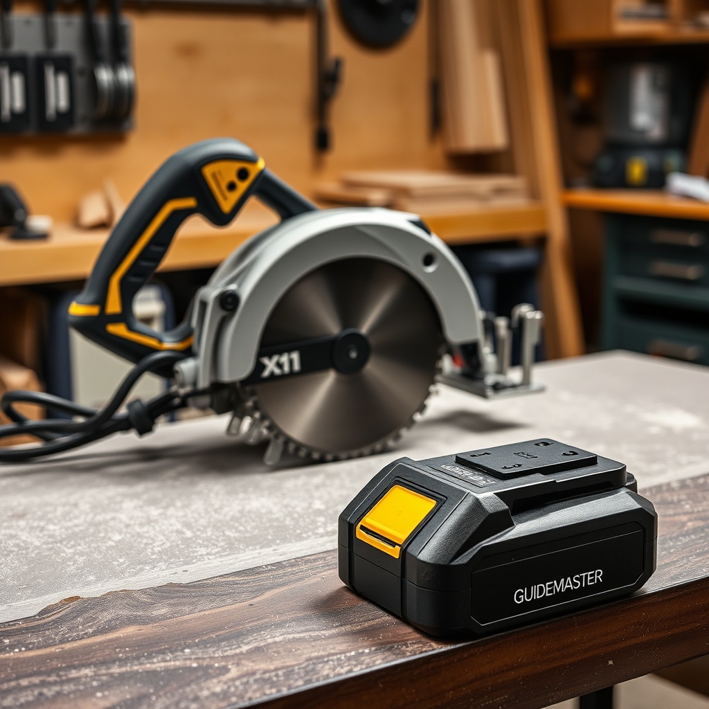 <clean photorealistic photo of a GuideMaster X1 saw resting on a workshop table with a rep