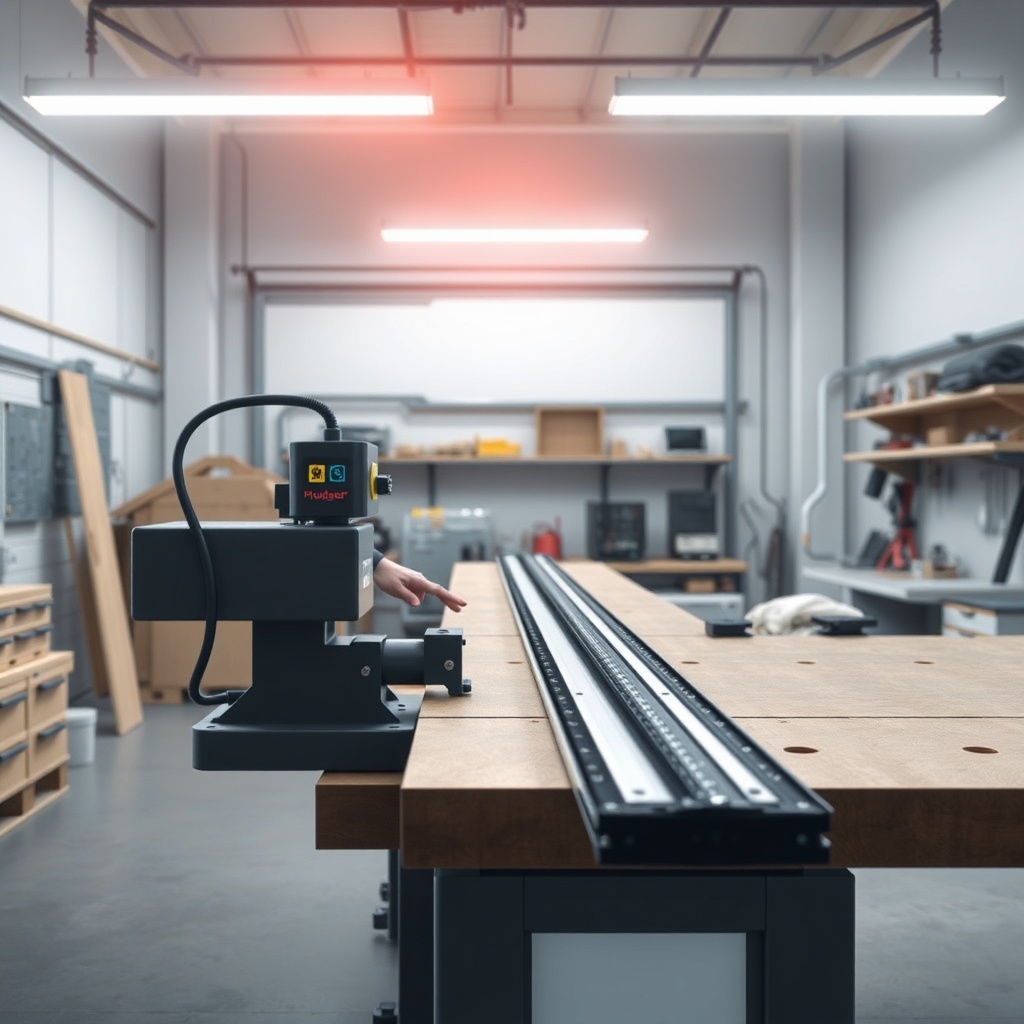 <clean photorealistic photo/illustration of a workshop with a GuideMaster X1 on a workbenc