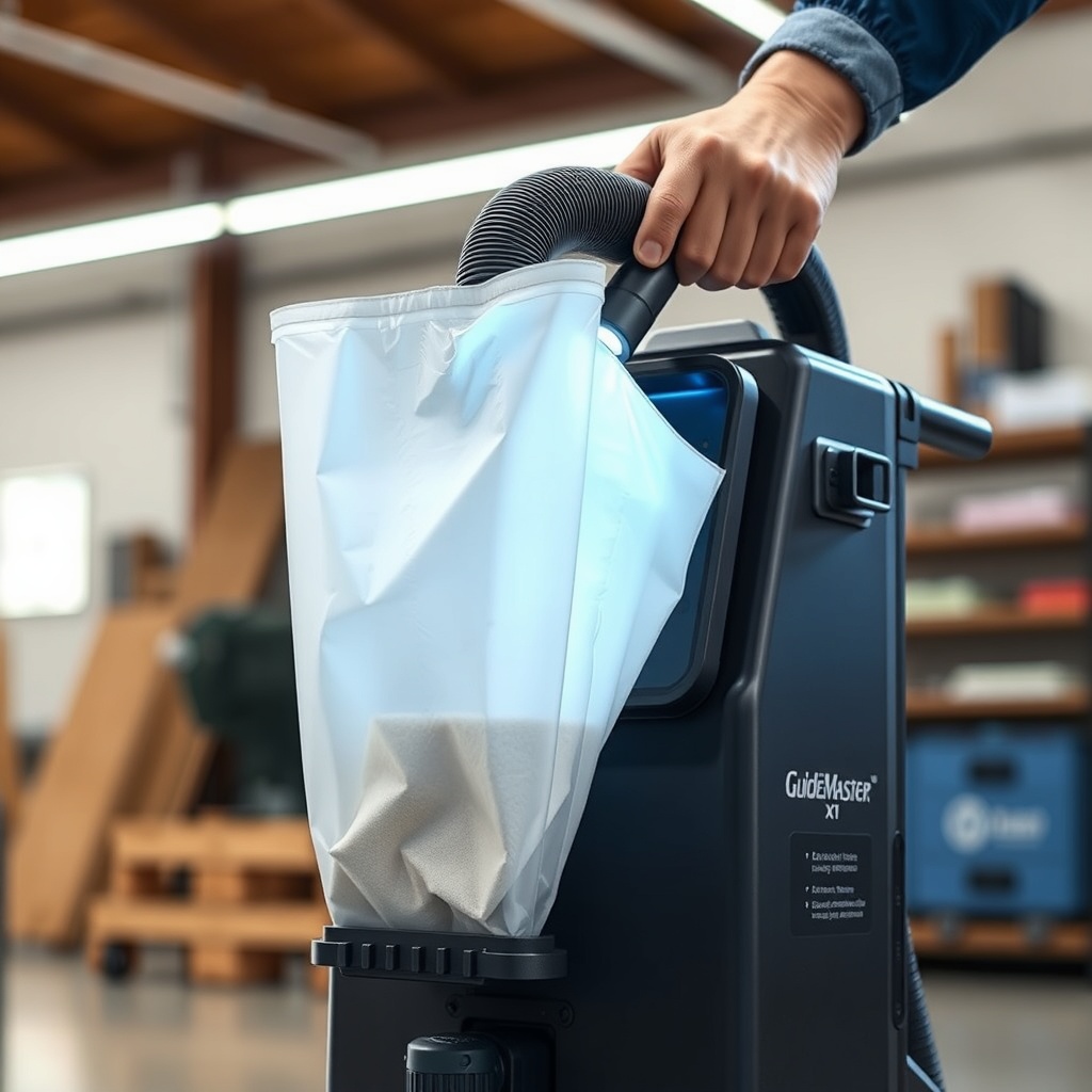 <clean photorealistic photo/illustration of a GuideMaster X1 with dust bag partially full
