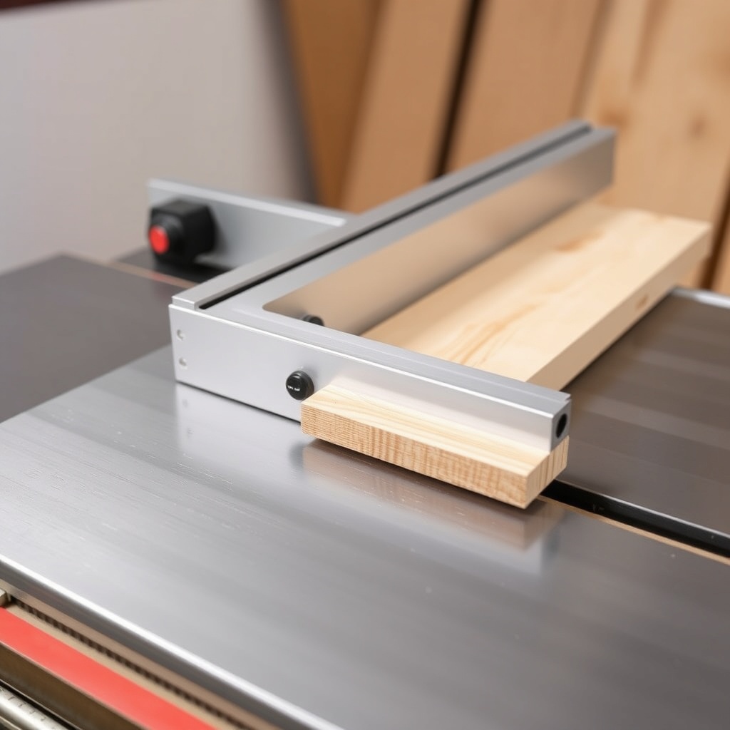 A clean photorealistic photo of a GuideMaster X1 saw with an aftermarket rip fence install