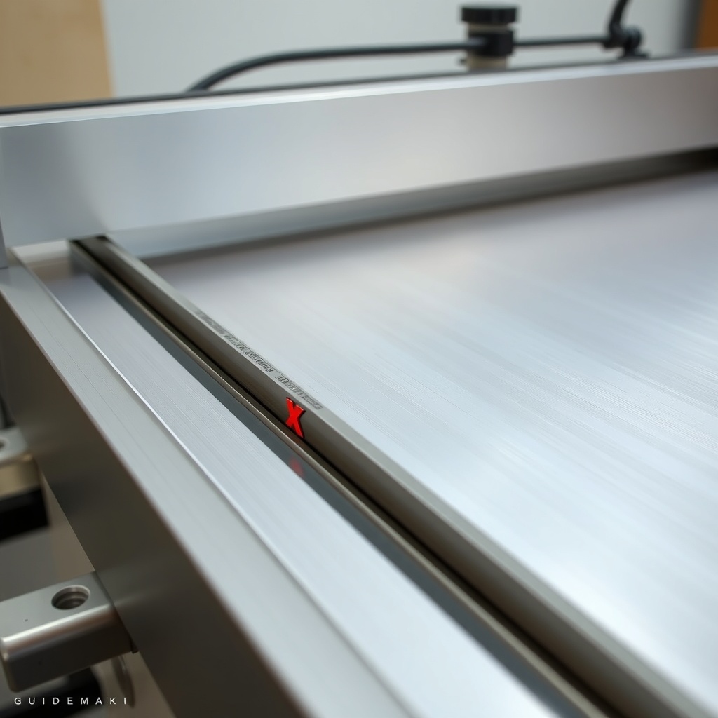 A clean photorealistic photo of a GuideMaster X1 cutting a thin sheet of aluminum