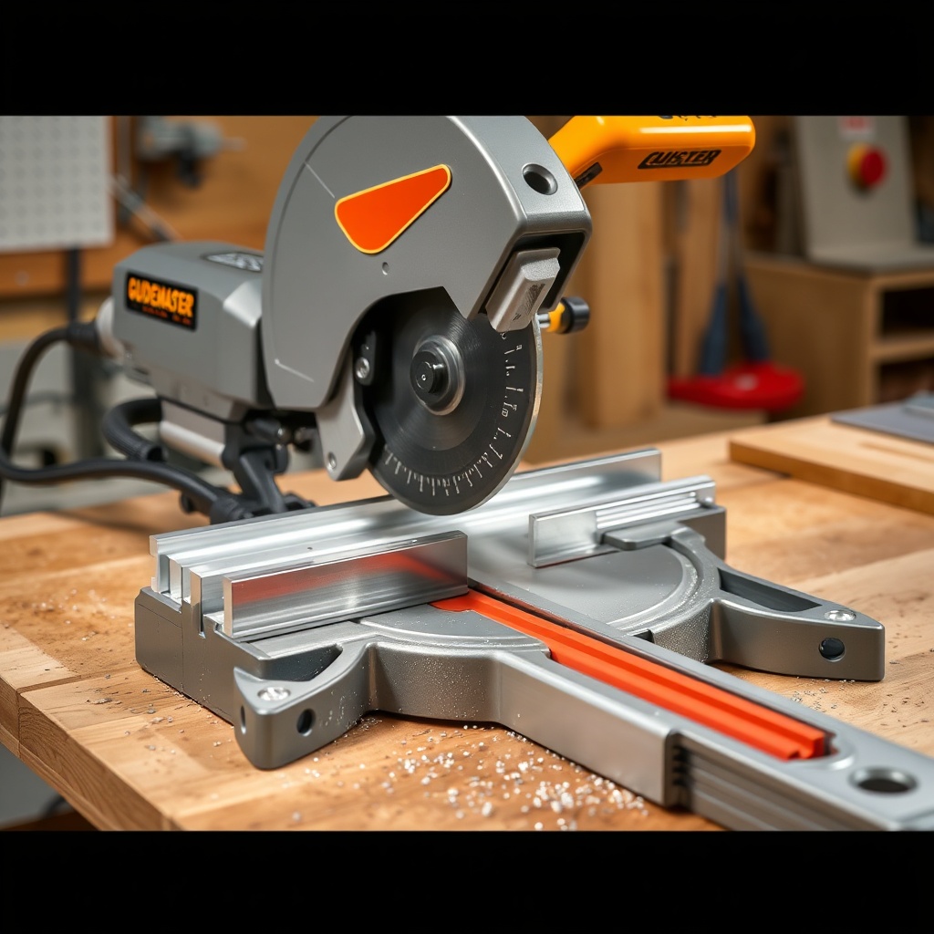 A clean photorealistic photo of a GuideMaster X1 miter saw cutting a bright aluminum extru