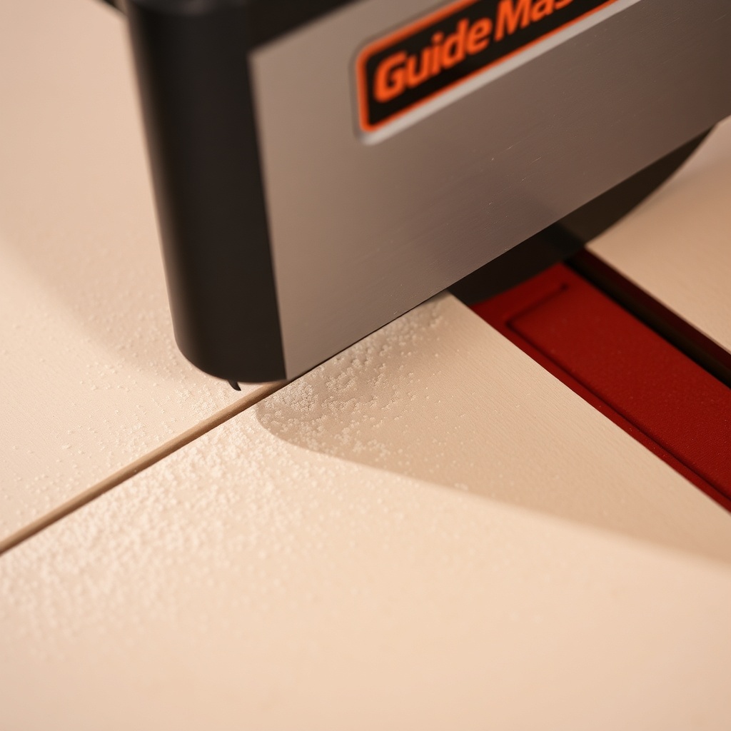 Close-up of GuideMaster X1 cutting plywood with a clean edge