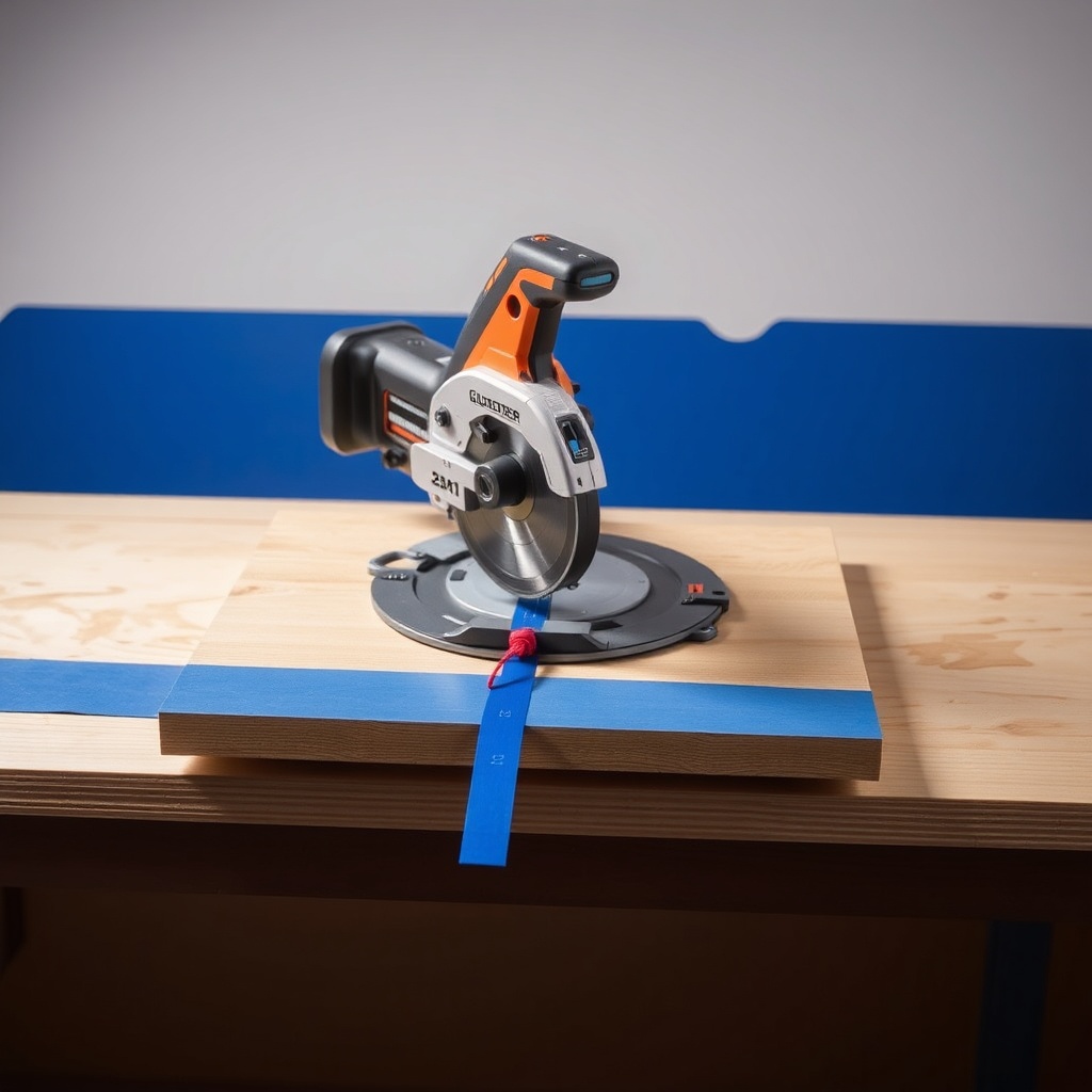 GuideMaster X1 saw resting on plywood with blue tape applied along cut line