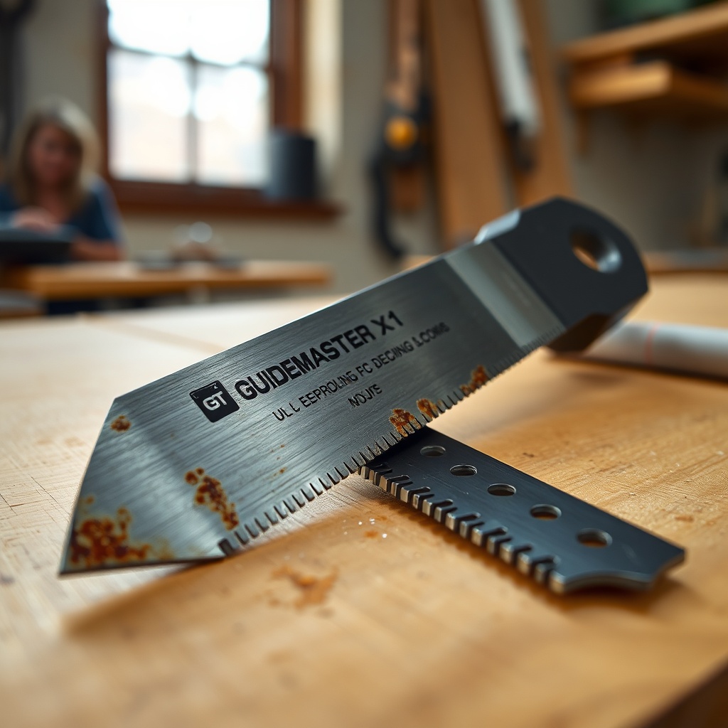 A photorealistic close-up of a worn GuideMaster X1 blade with dull carbide teeth and burn