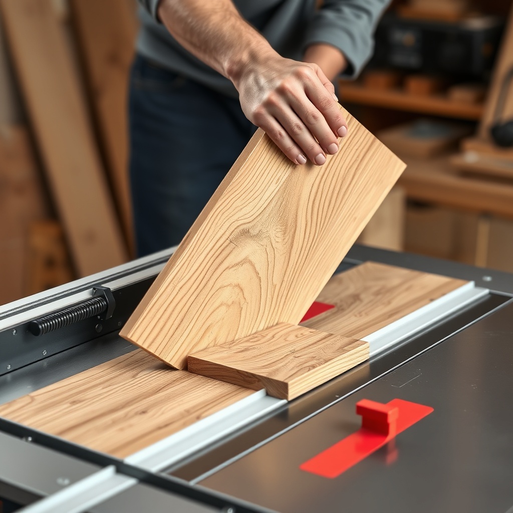 A clean photorealistic photo of a woodworker using a clamping jig on a SawPilotPro saw tab