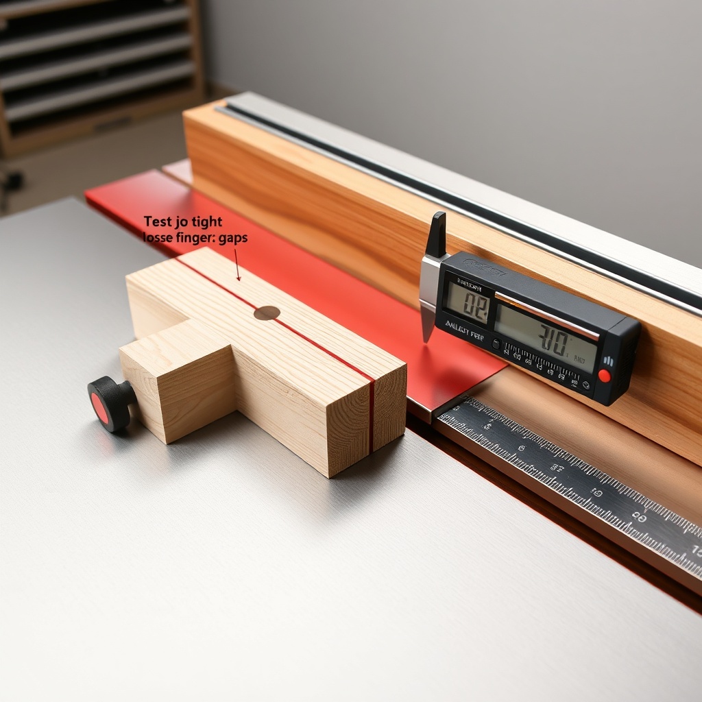 A photorealistic side view of a SawPilotPro saw table with a box joint test piece showing