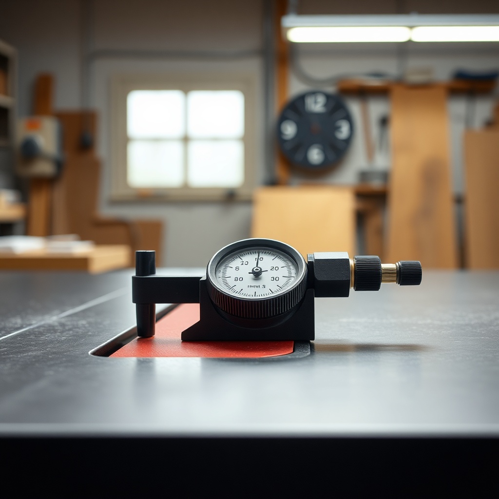 <photorealistic photo of a table saw with a precision dial indicator showing 0