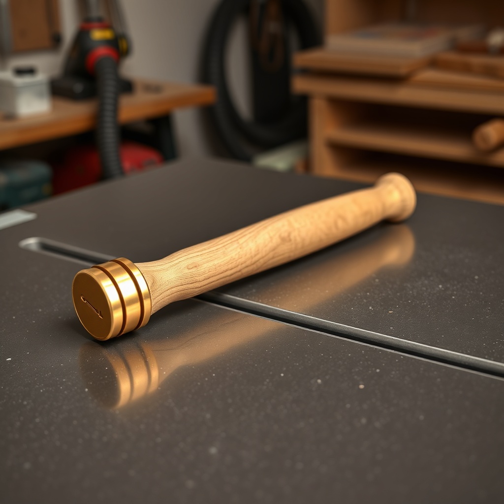 <photorealistic photo of a workshop table saw with a brass mallet resting on the guide rai