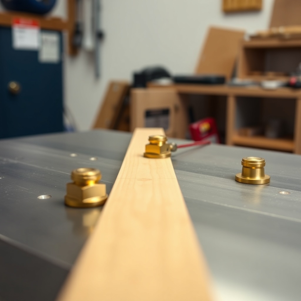 Close-up shot of a SawPilotPro table surface with three flush-mounted brass bench dogs in