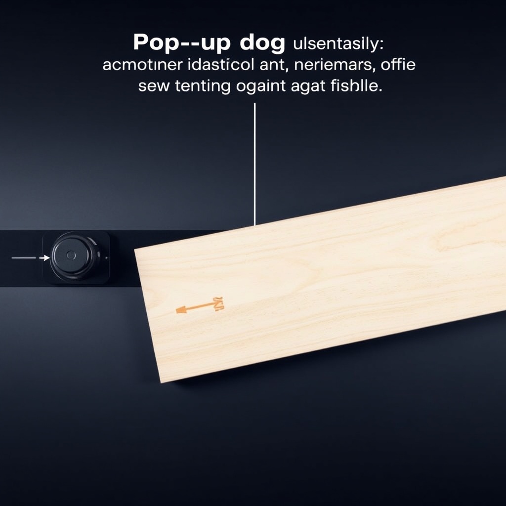 Top-down view of a SawPilotPro table showing a pop-up dog positioned exactly 2 inches from