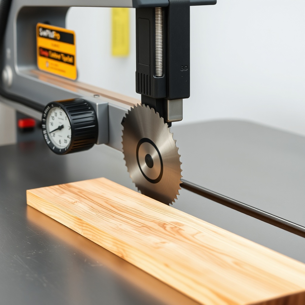 <clean photorealistic photo showing a SawPilotPro table with a dial indicator touching the
