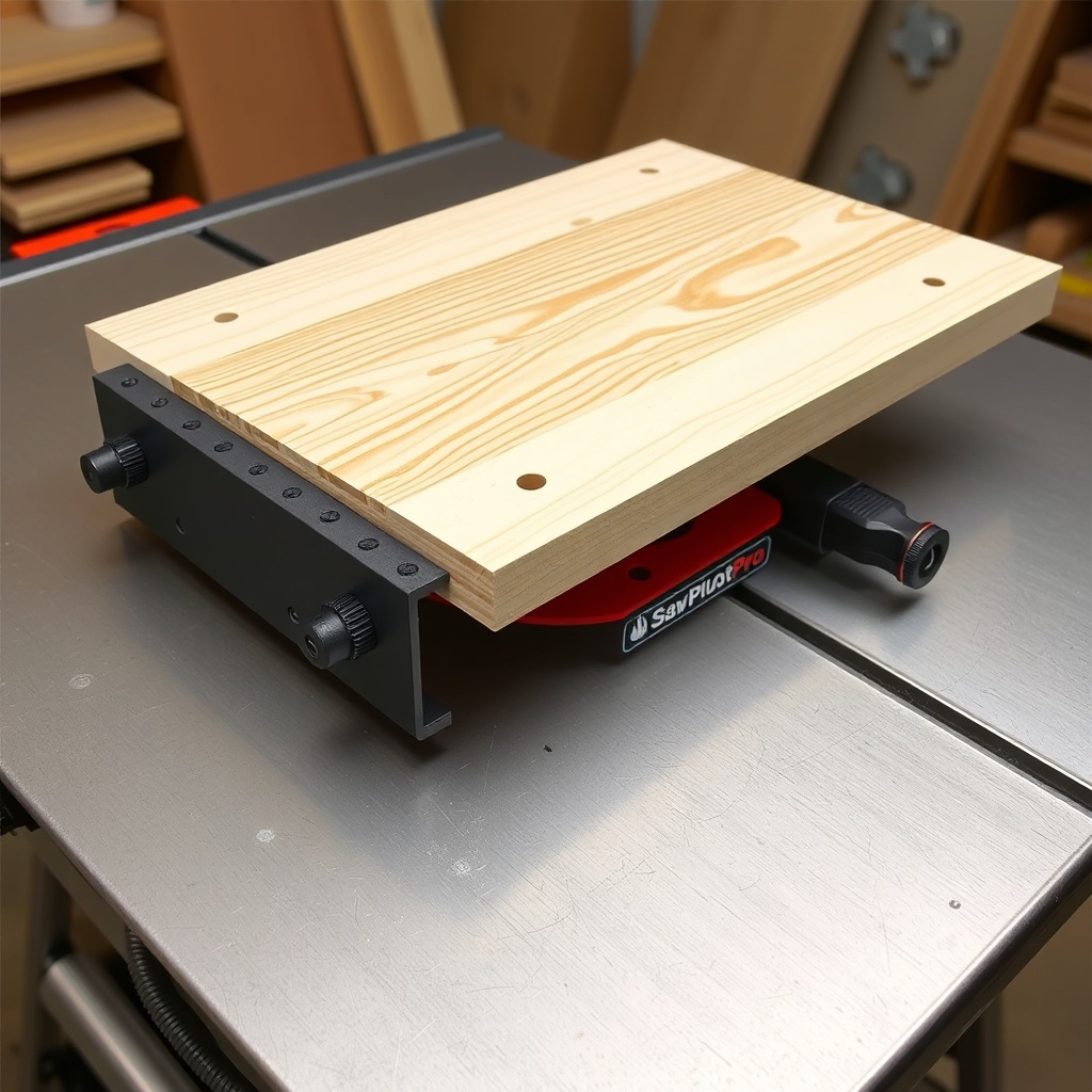 A clean photorealistic photo of a SawPilotPro crosscut sled mounted on a table saw