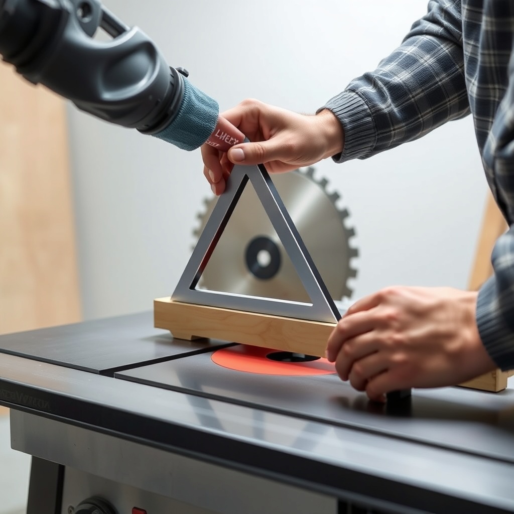 A clean photorealistic photo of an installer adjusting the tri-square on a SawPilotPro sle