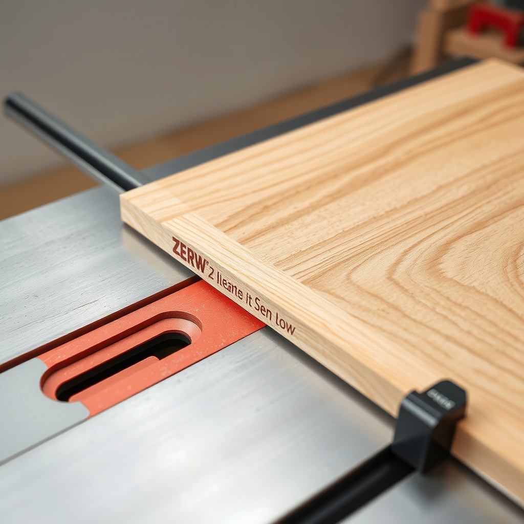 A clean photorealistic photo of a table saw cutting a thin piece of oak veneer