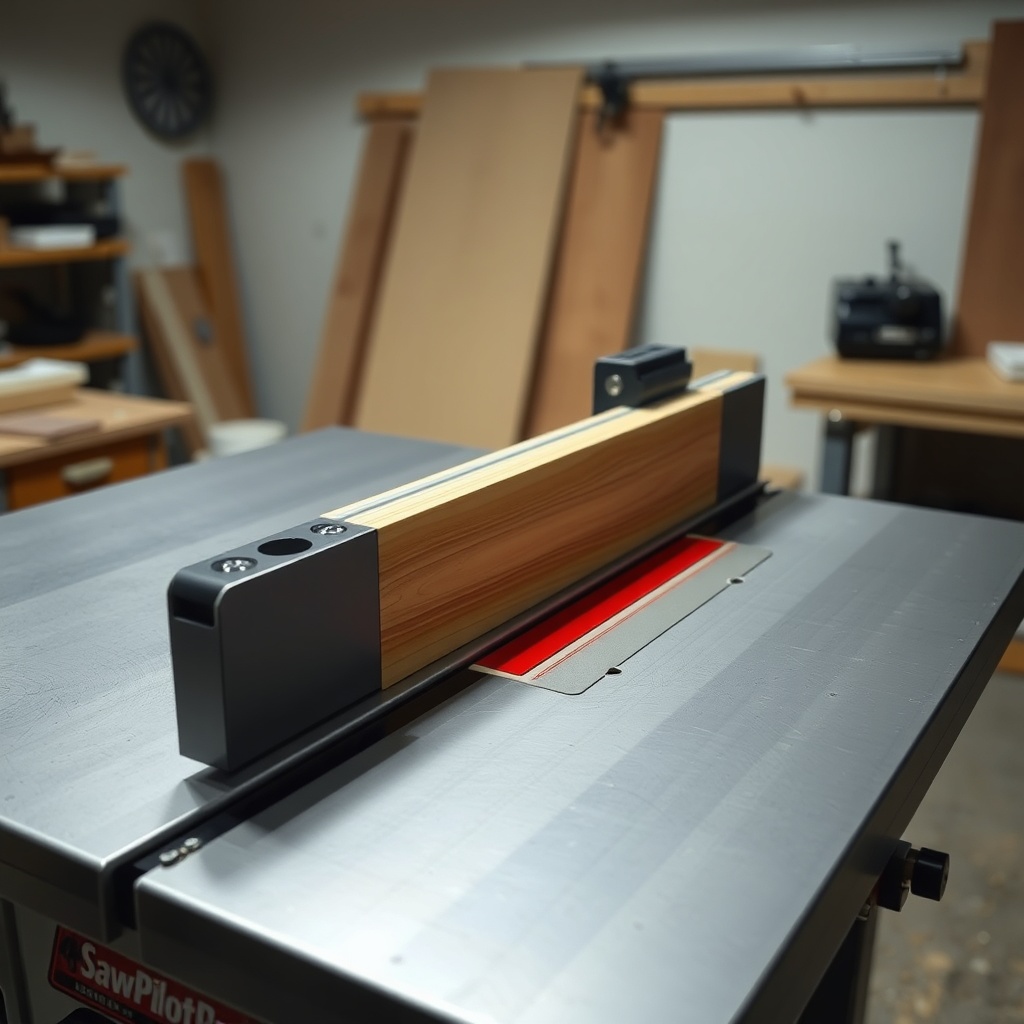 <clean photorealistic photo of a SawPilotPro table saw with a zero-clearance insert and a