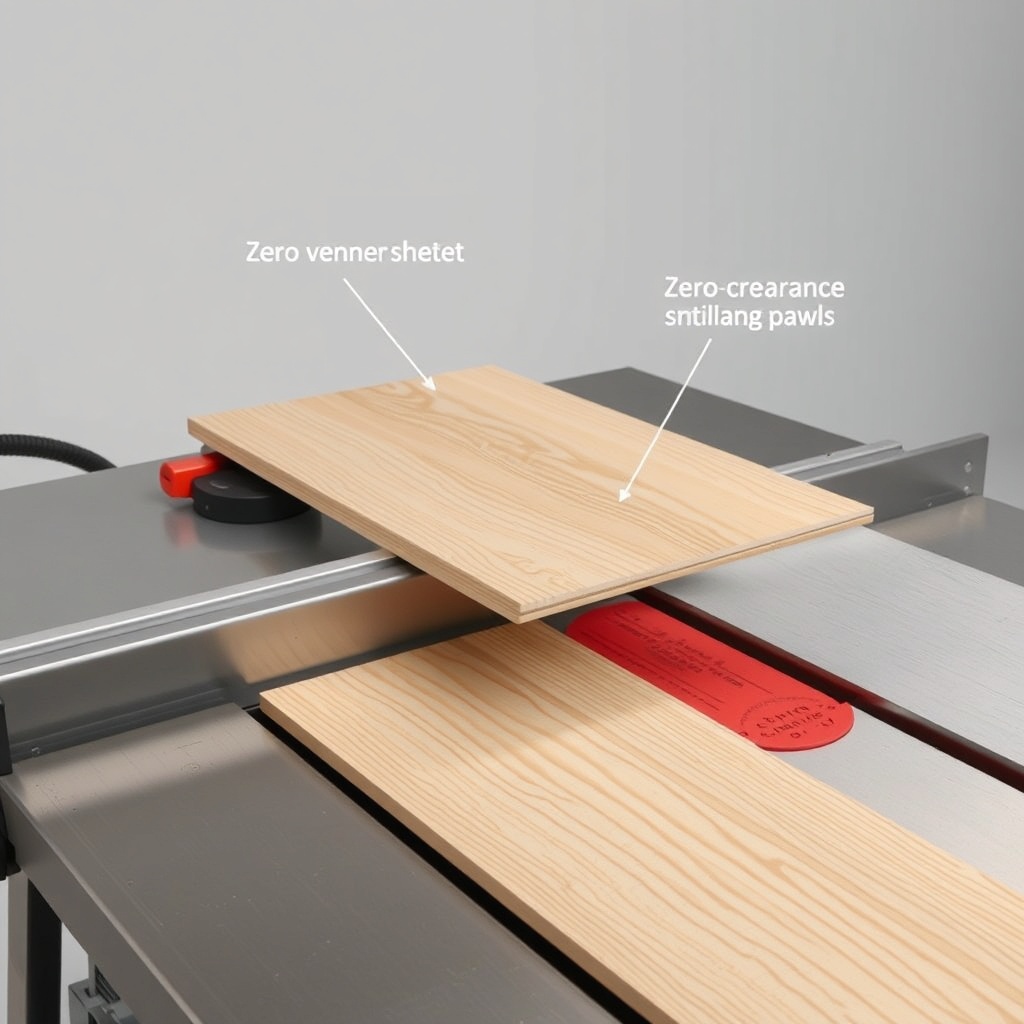 <clean photorealistic photo/illustration of SawPilotPro cutting a thin veneer sheet on a t