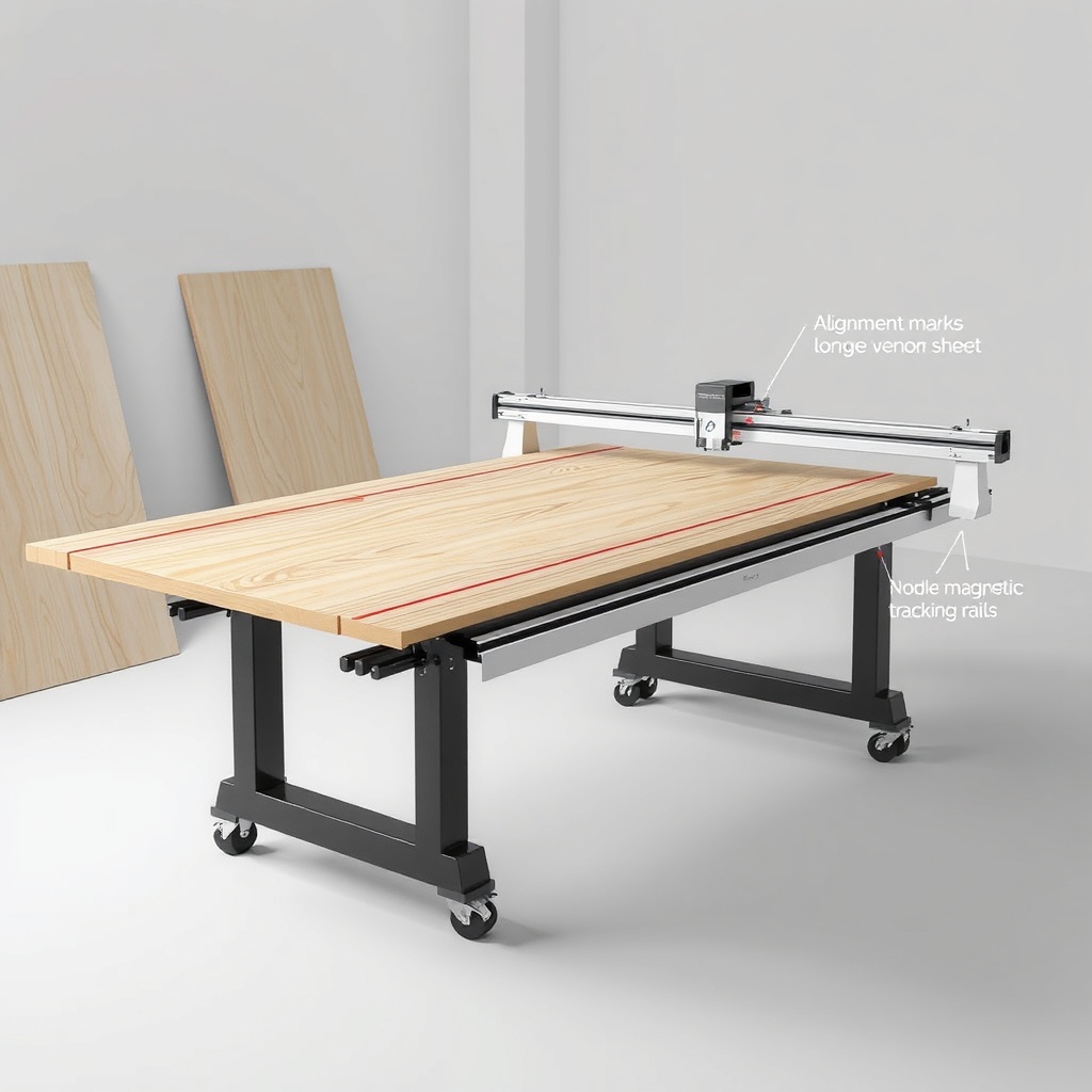 <clean photorealistic photo/illustration of SawPilotPro with roller stands supporting a lo