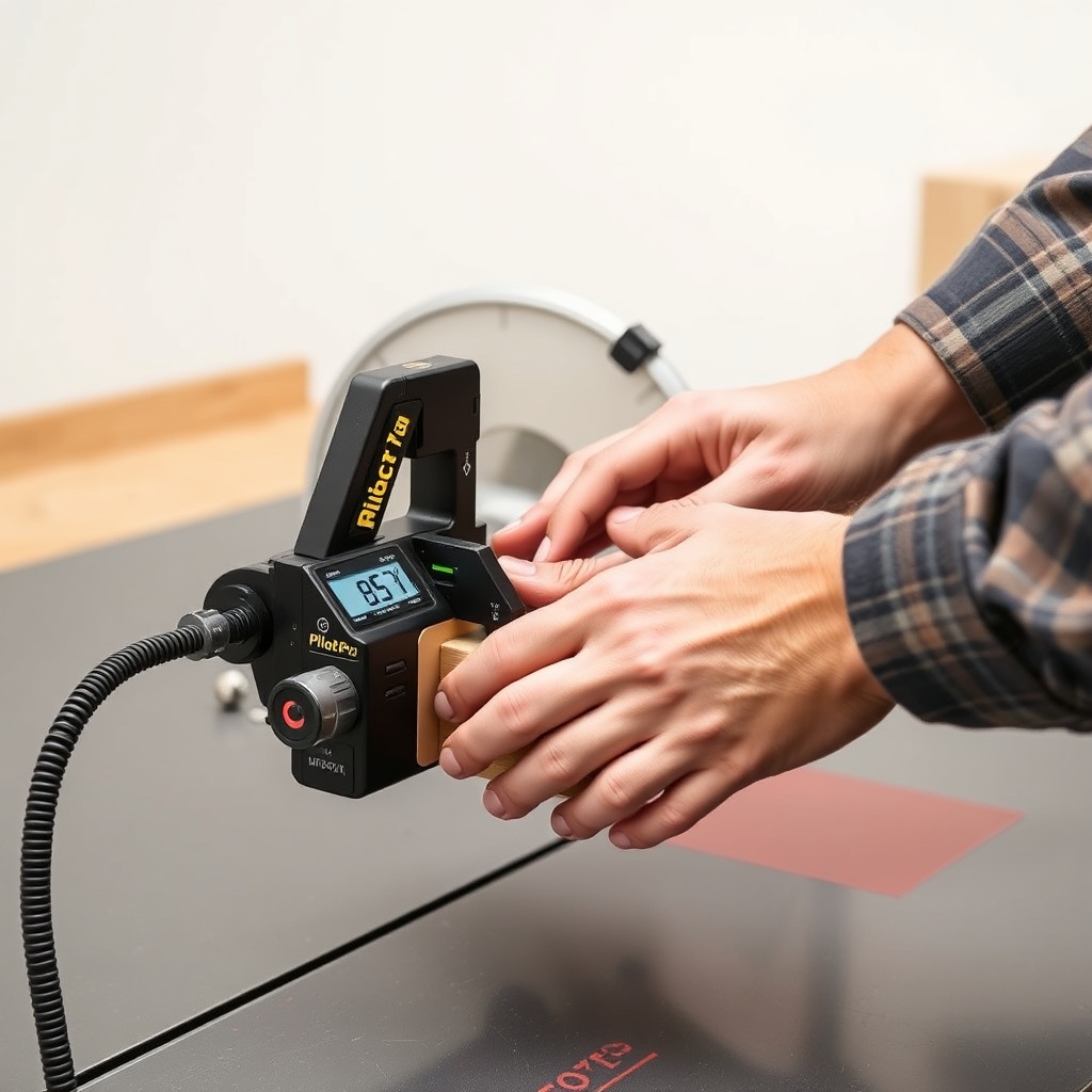 A clean photorealistic photo of a woodworker’s hands adjusting a SawPilotPro fence with a