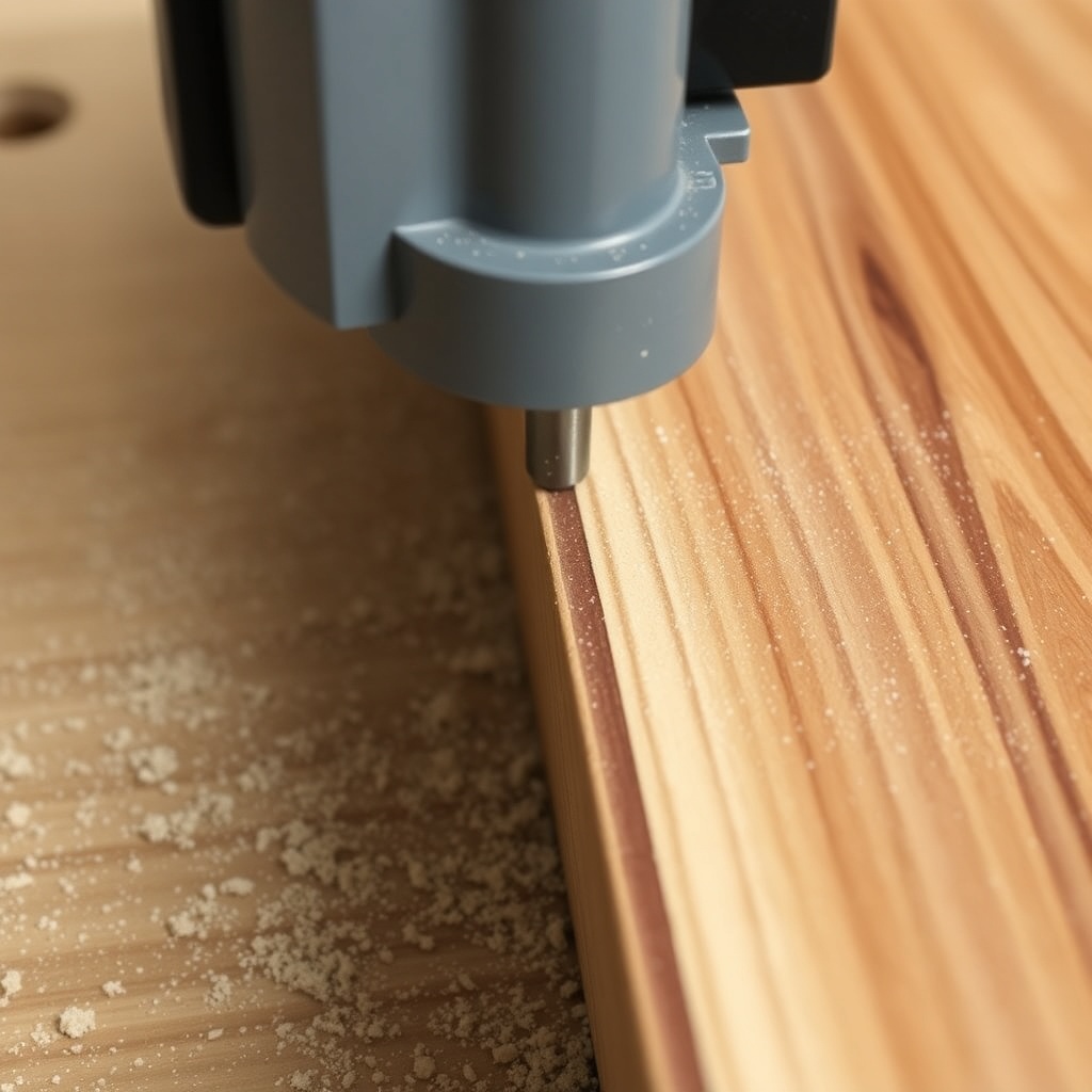 A photorealistic side-angle shot of a SawPilotPro cutting a dado groove in a walnut board