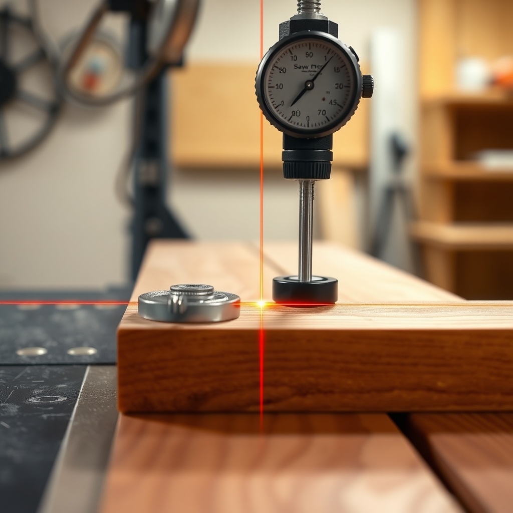 <A clean photorealistic photo of a SawPilotPro laser line intersecting a mechanical stop o