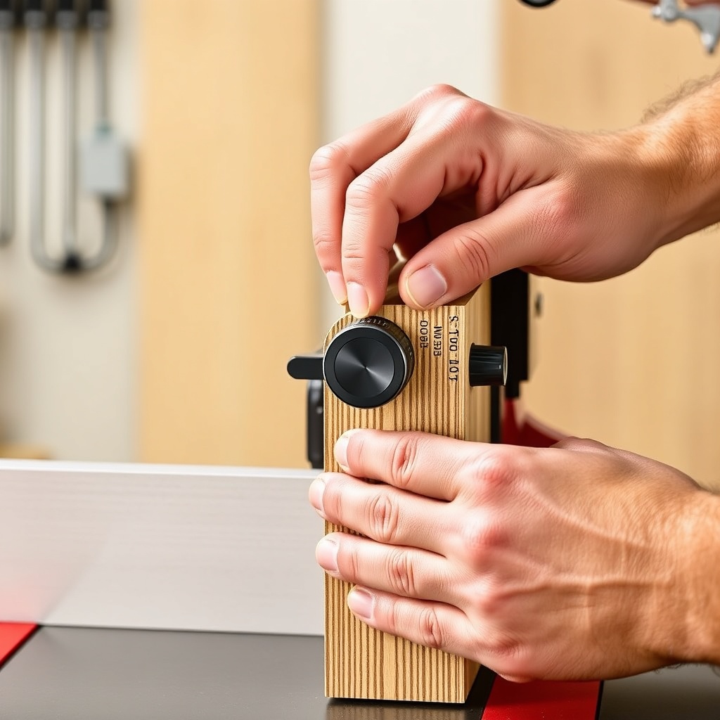 A clean photorealistic photo showing a satisfied woodworker's hands adjusting the FencePro