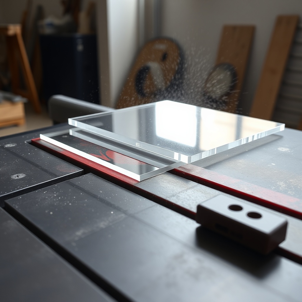 <A clean photorealistic photo of a table saw with a shiny acrylic sheet being cut