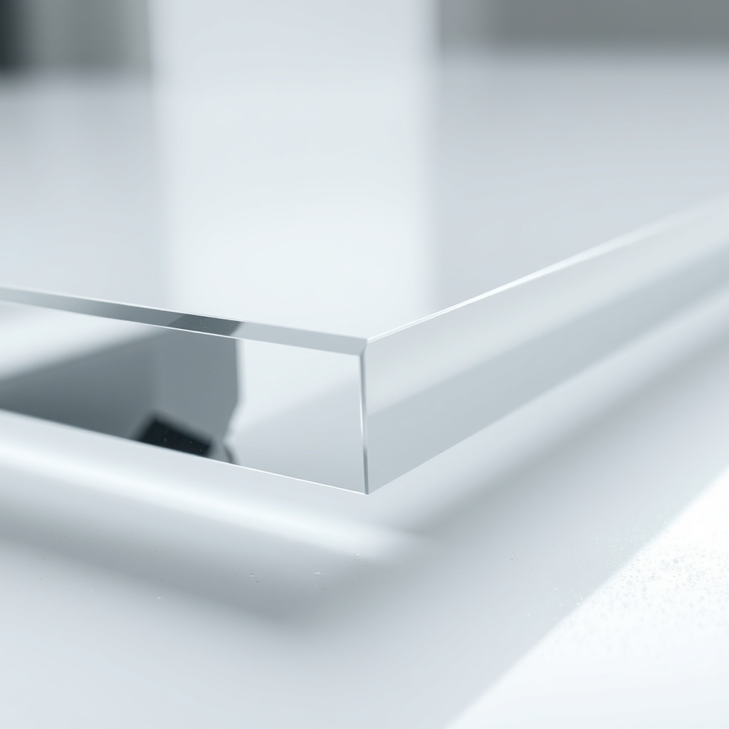 <A photorealistic close-up of a freshly cut acrylic edge showing a mirror-smooth surface w