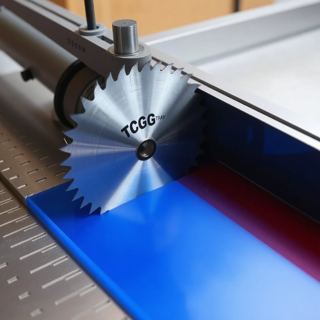 A clean photorealistic close-up photo of a TCG saw blade mounted on a table saw arbor