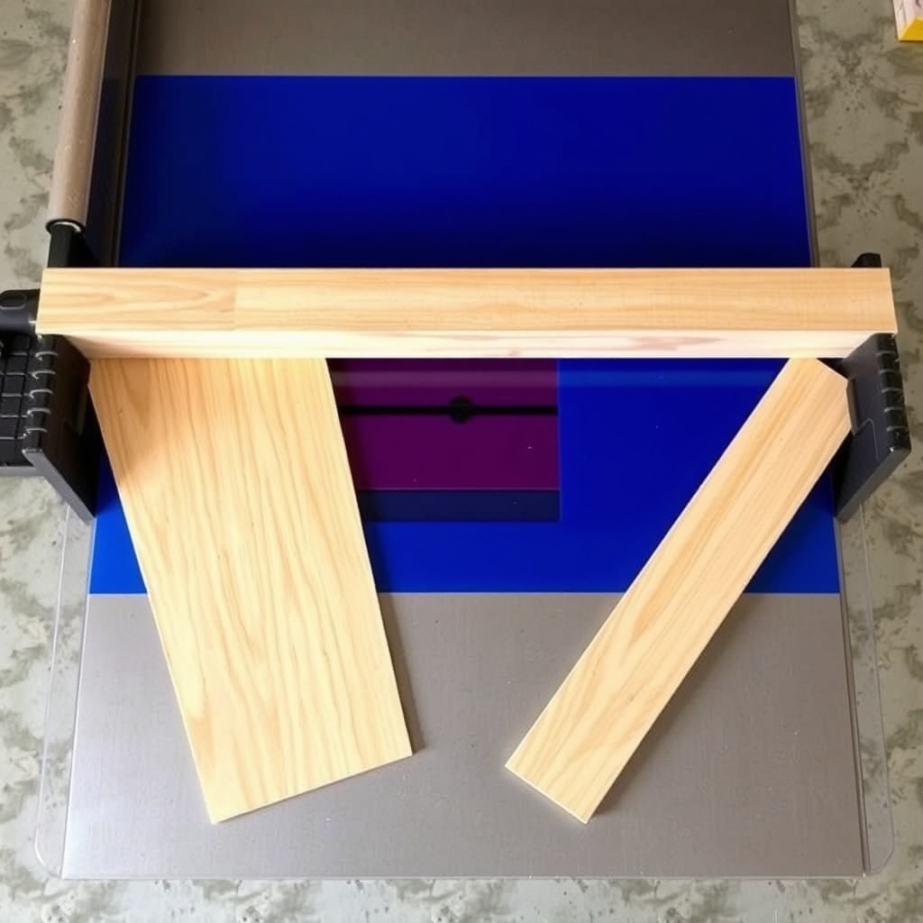 A clean photorealistic top-down photo of a table saw with a blue acrylic sheet on the tabl