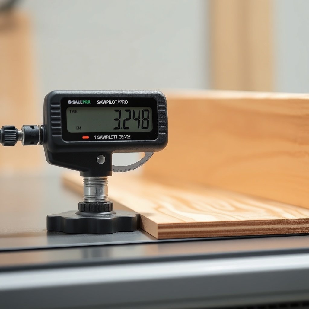 A clean photorealistic close-up of a SawPilotPro tool measuring blade runout against a dig