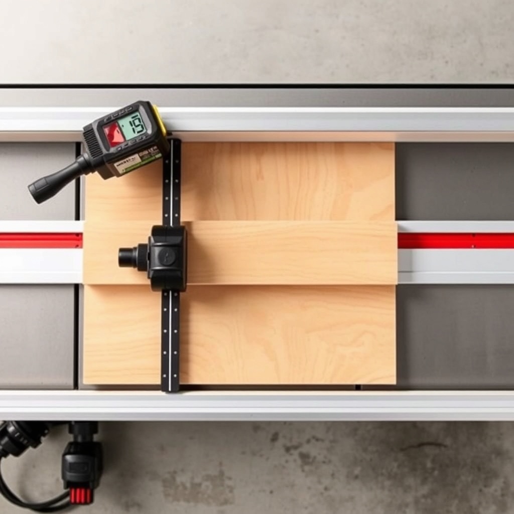 A photorealistic overhead shot of a SawPilotPro dado setup with a digital angle finder and