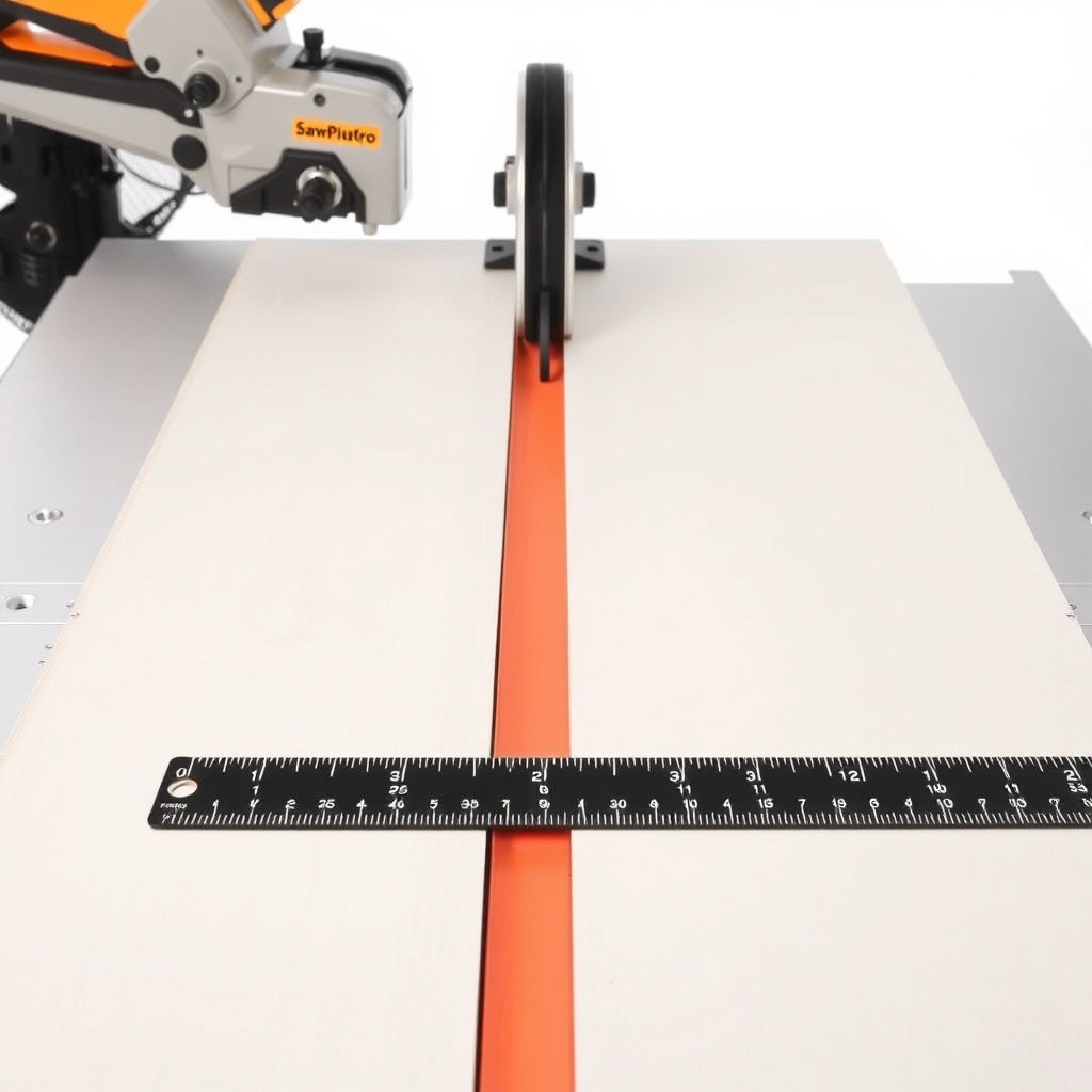 A clean photorealistic photo of a SawPilotPro showing the splitter and pawls adjusted on a