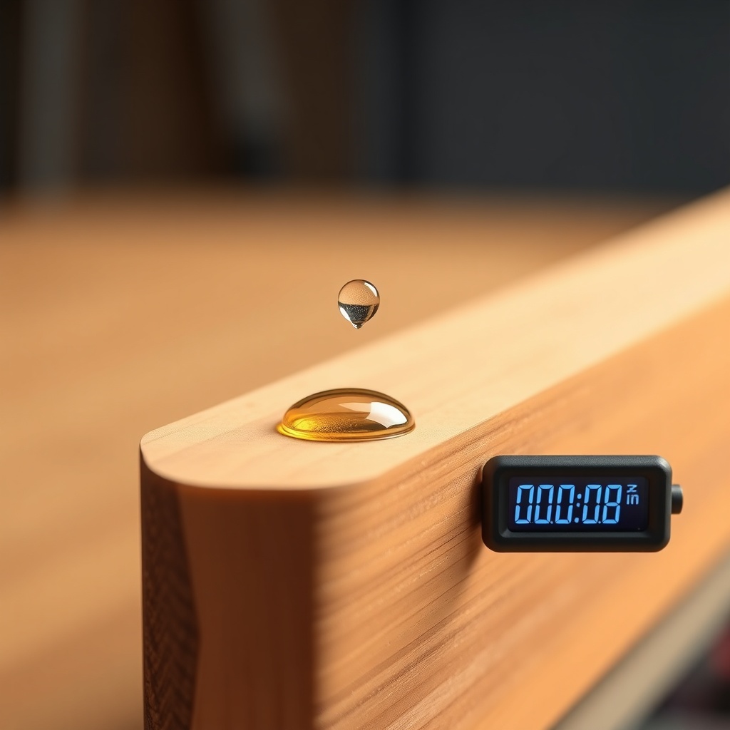 <A photorealistic close-up of a SawPilotPro fence rail with a drop of oil glistening