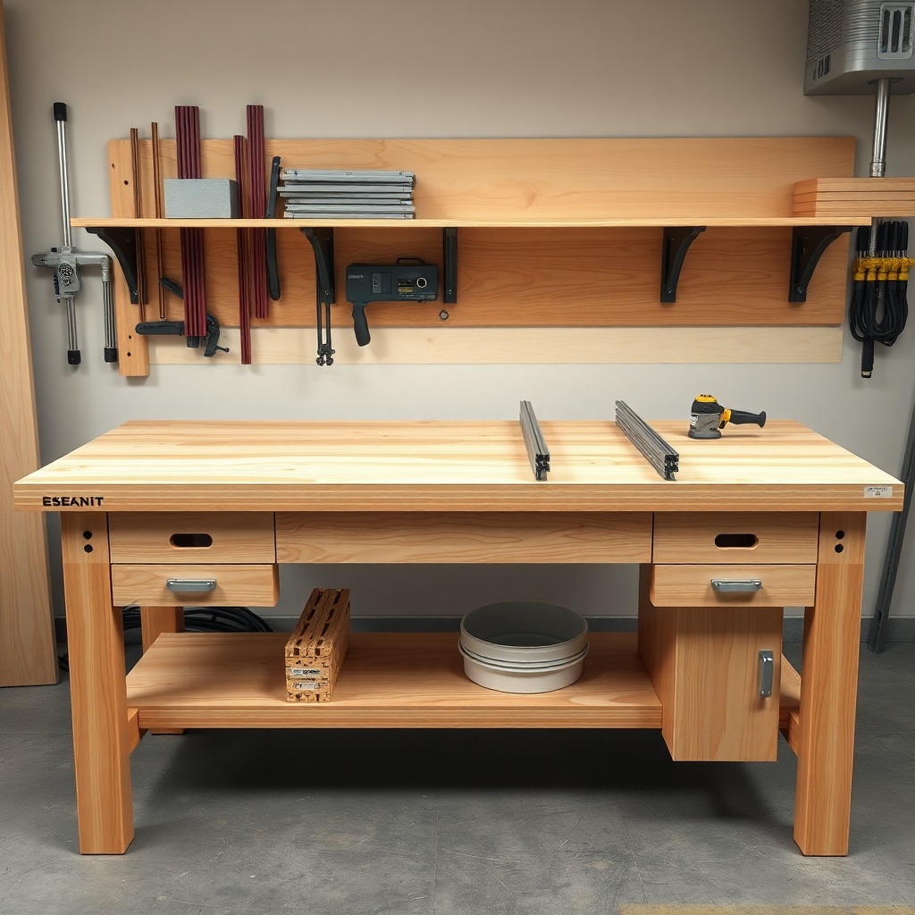 <Clean photorealistic photo of a workbench with Baltic birch plywood