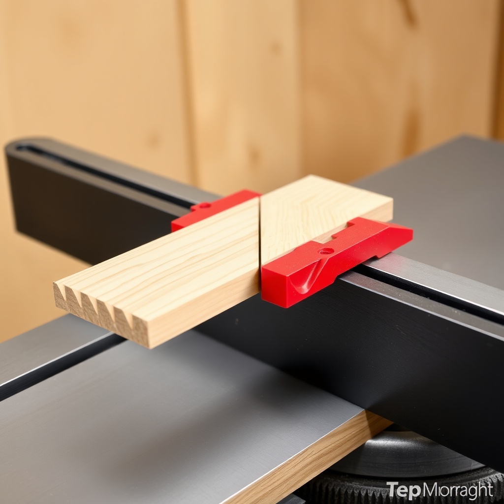 <Clean photorealistic photo of a miter sled with a red stop block clamped to a T-track