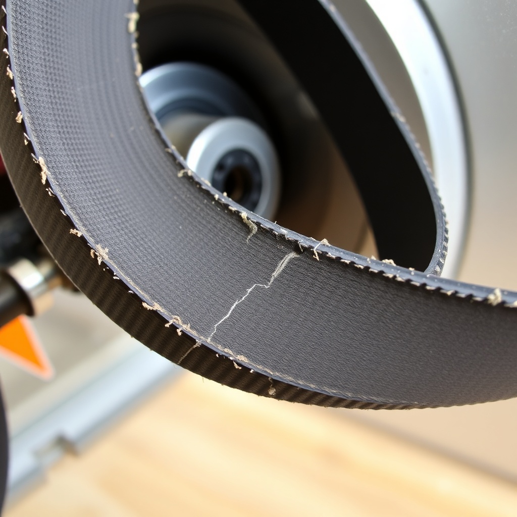 <An angled close-up shot of a worn V-belt on a SawPilotPro table saw pulley