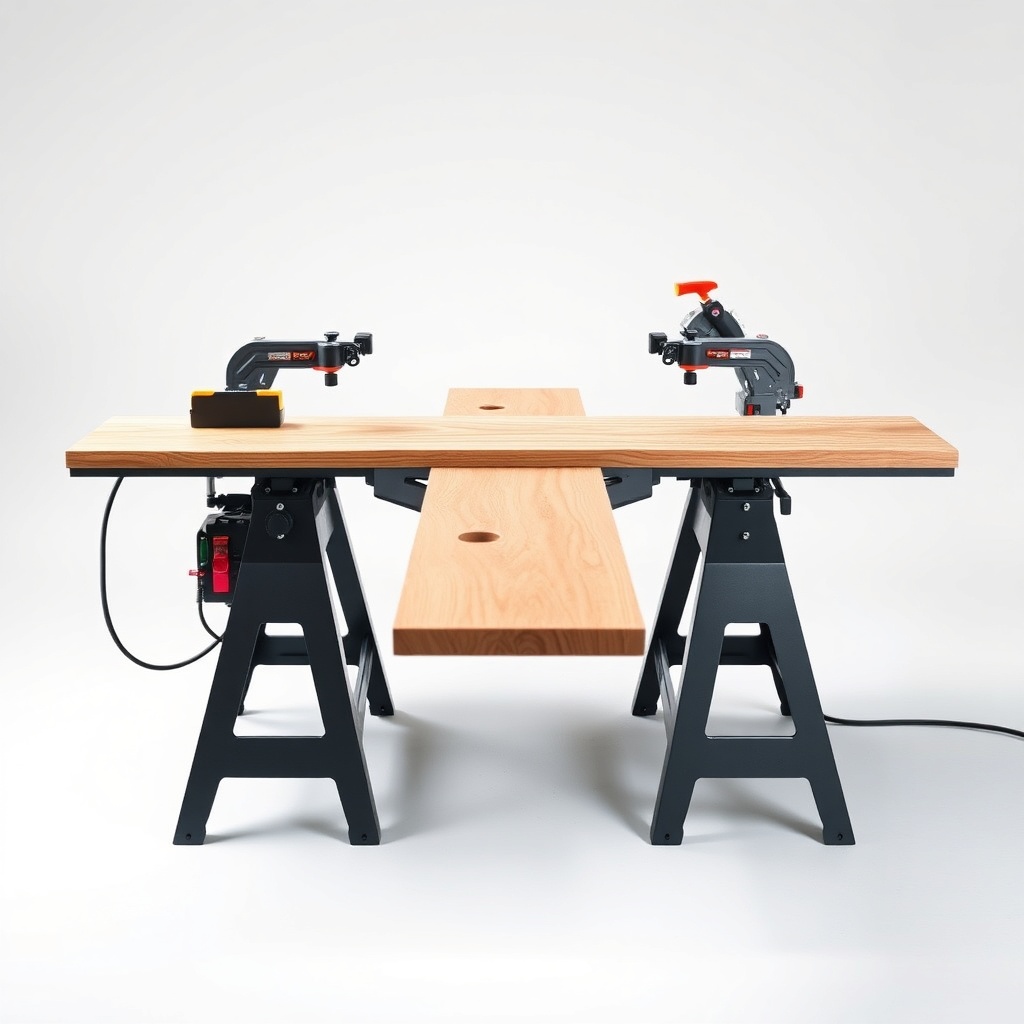 A clean photorealistic photo of a SawPilotPro miter saw station with two roller stands sup