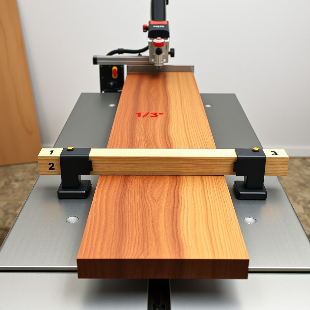 A clean photorealistic photo of a long mahogany board being cut on a SawPilotPro