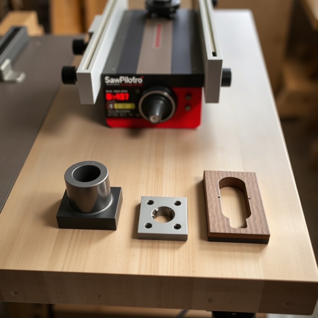 <clean photorealistic photo of a SawPilotPro table saw with three different inserts laid o