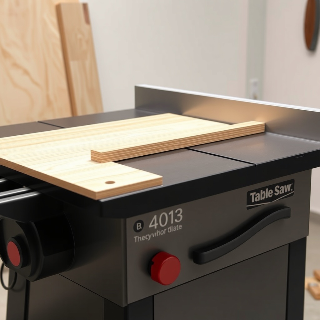 <clean photorealistic photo of a table saw with a thin veneer sheet positioned over a zero