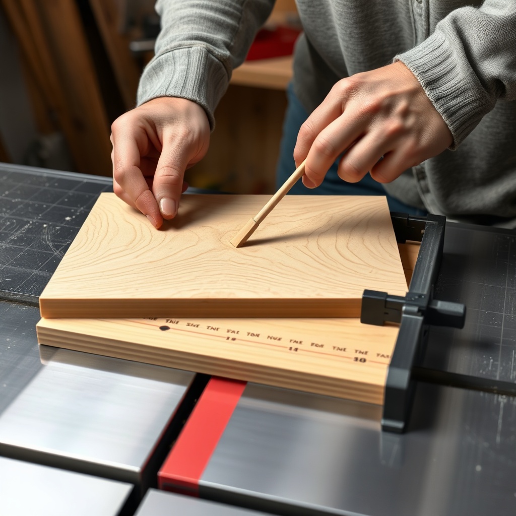 <clean photorealistic photo of a woodworker’s hands guiding thin veneer through a table sa
