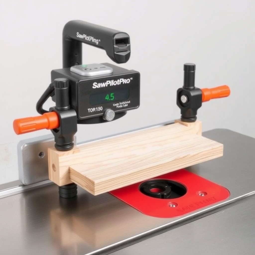 A clean photorealistic photo of a SawPilotPro guide mounted on a table saw with a wooden c