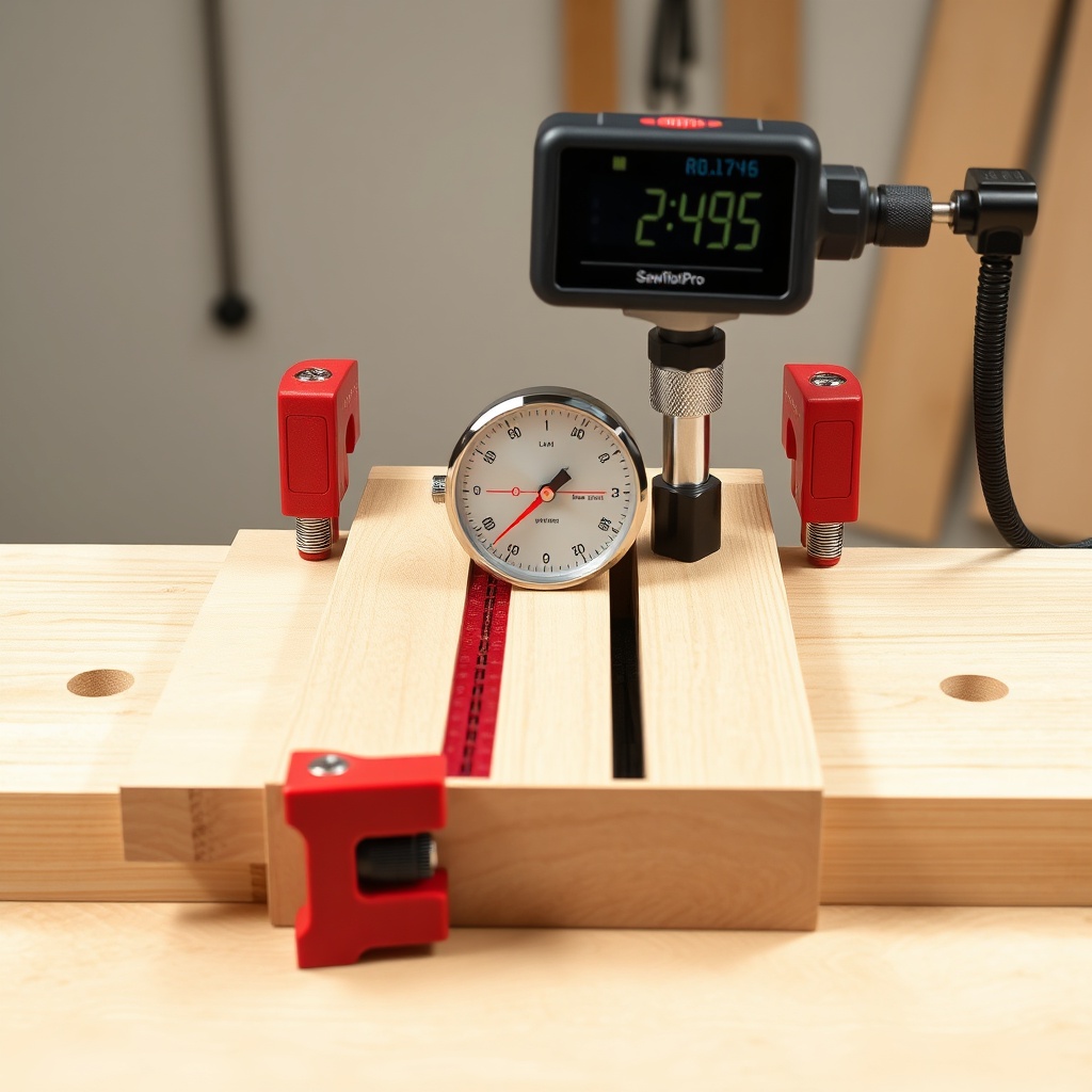 A clean photorealistic photo of a workshop jig with a SawPilotPro digital display